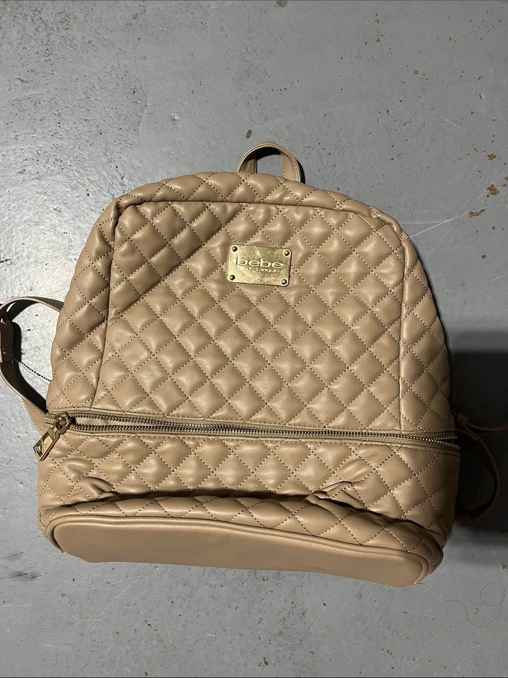bebe Quilted Taupe Backpack with Gold Plate